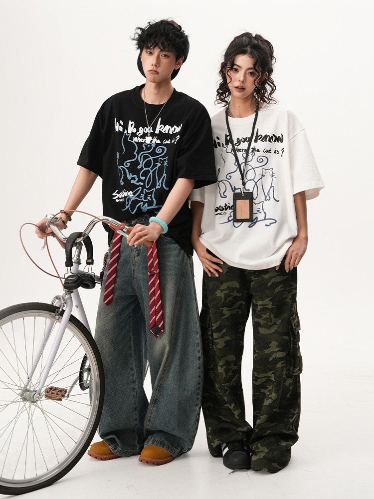 American-style hand-painted cat short-sleeved t-shirt, new summer design for men and women, versatile and fun couple top.
