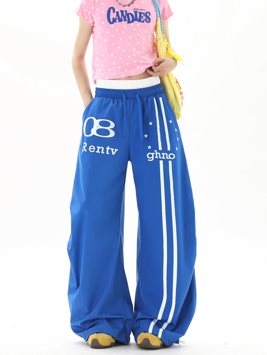 American street style blue double-waisted casual pants for men and women, summer hip-hop high street cool wide-leg sports pants