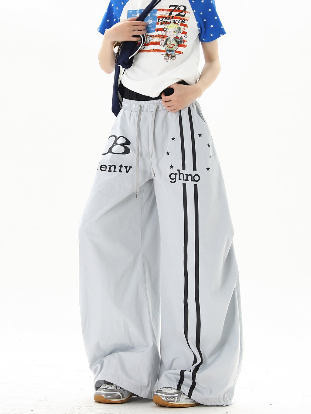 American street style blue double-waisted casual pants for men and women, summer hip-hop high street cool wide-leg sports pants