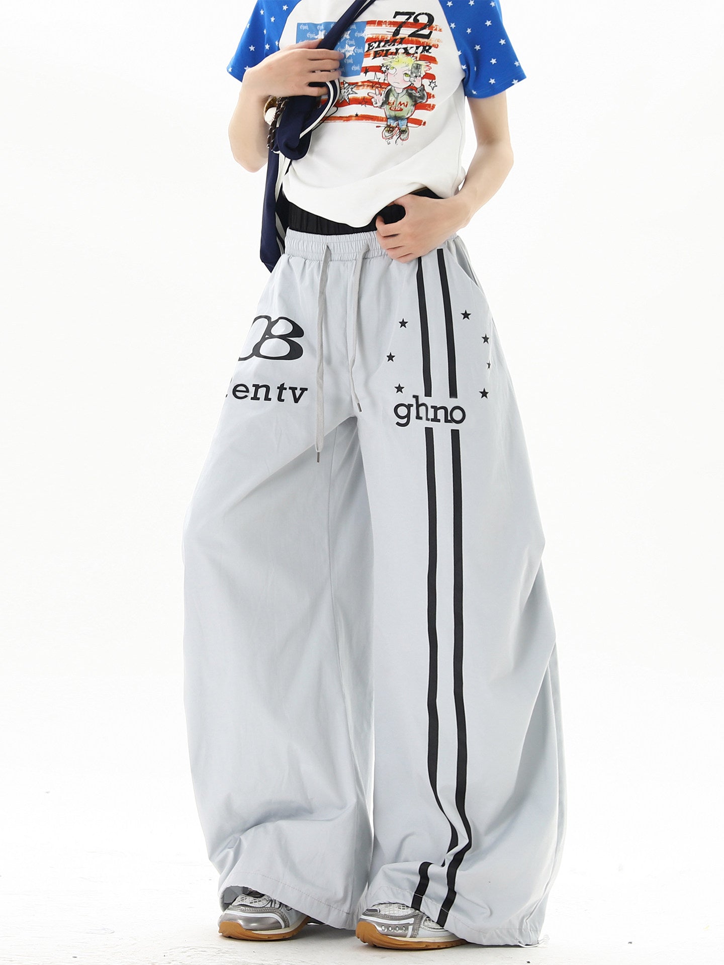 American street style blue double-waisted casual pants for men and women, summer hip-hop high street cool wide-leg sports pants
