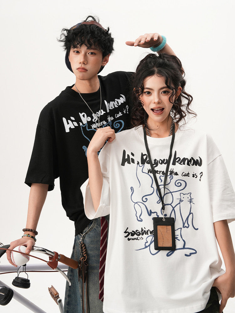 American-style hand-painted cat short-sleeved t-shirt, new summer design for men and women, versatile and fun couple top.