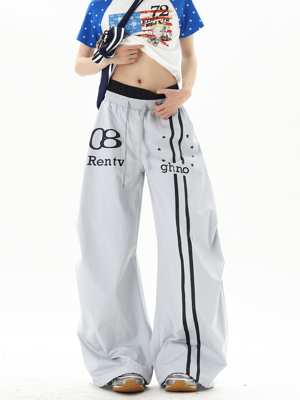 American street style blue double-waisted casual pants for men and women, summer hip-hop high street cool wide-leg sports pants