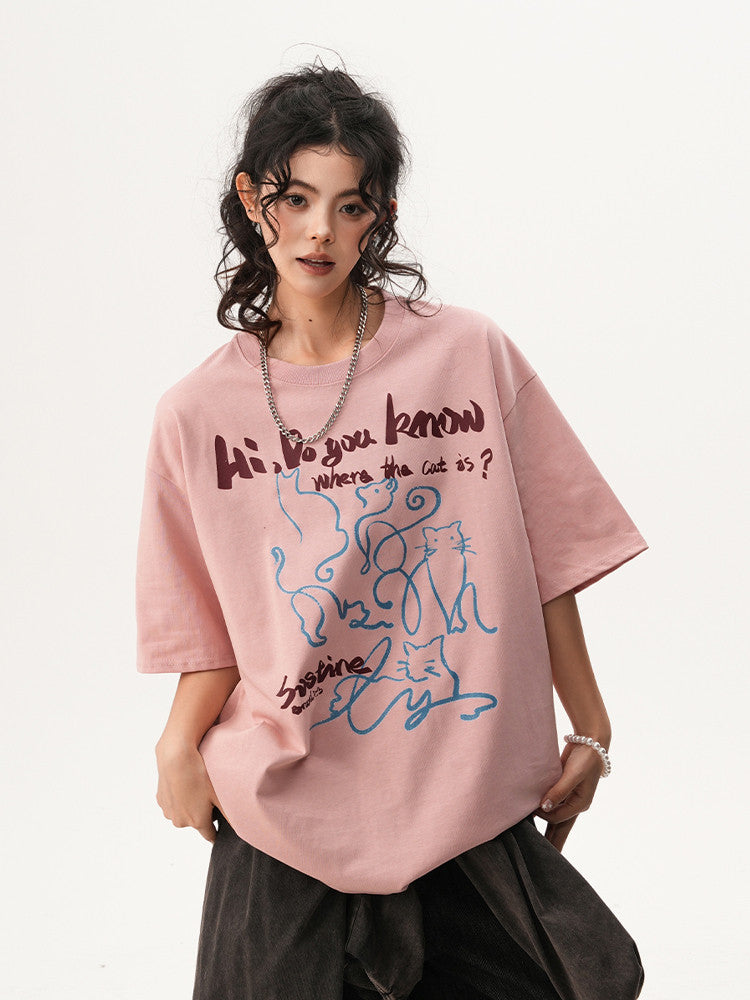 American-style hand-painted cat short-sleeved t-shirt, new summer design for men and women, versatile and fun couple top.