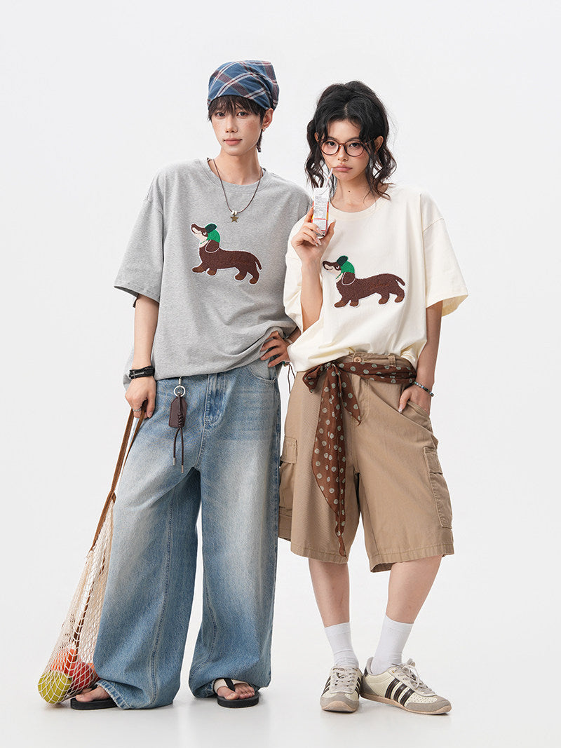 American-style dachshund patch embroidered round neck short-sleeved men's summer new preppy style loose T-shirt casual couple short-sleeved shirt