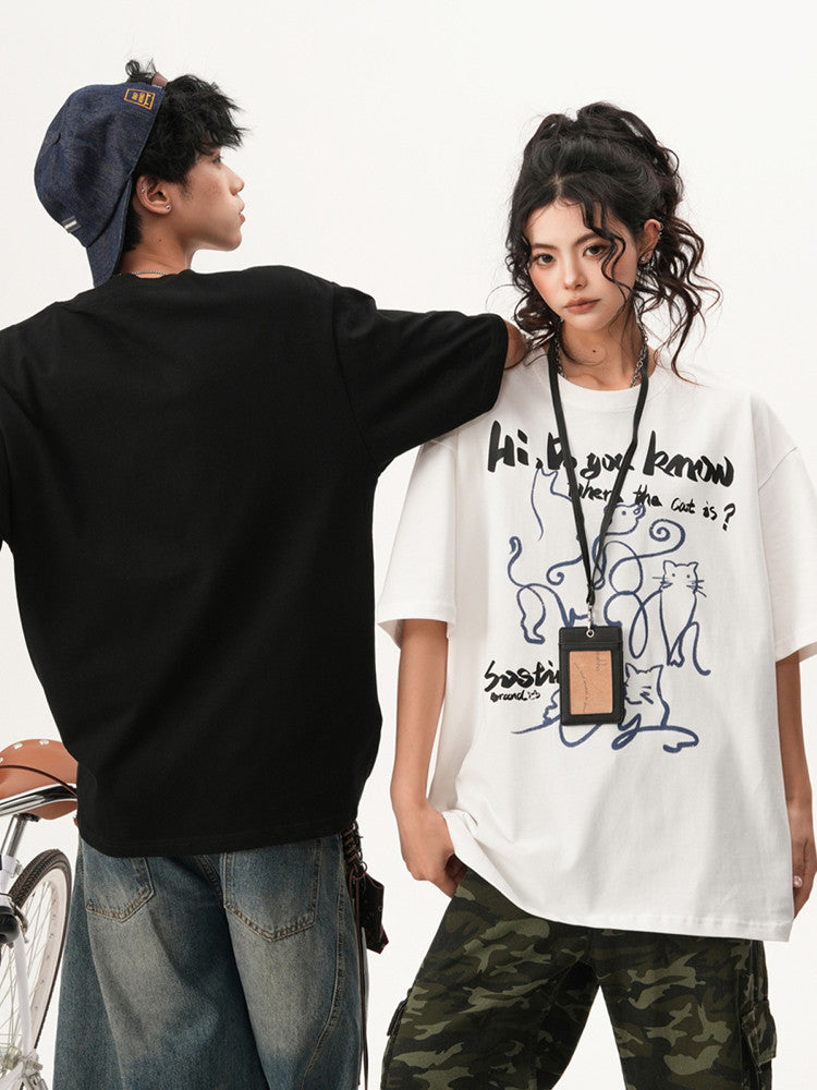 American-style hand-painted cat short-sleeved t-shirt, new summer design for men and women, versatile and fun couple top.