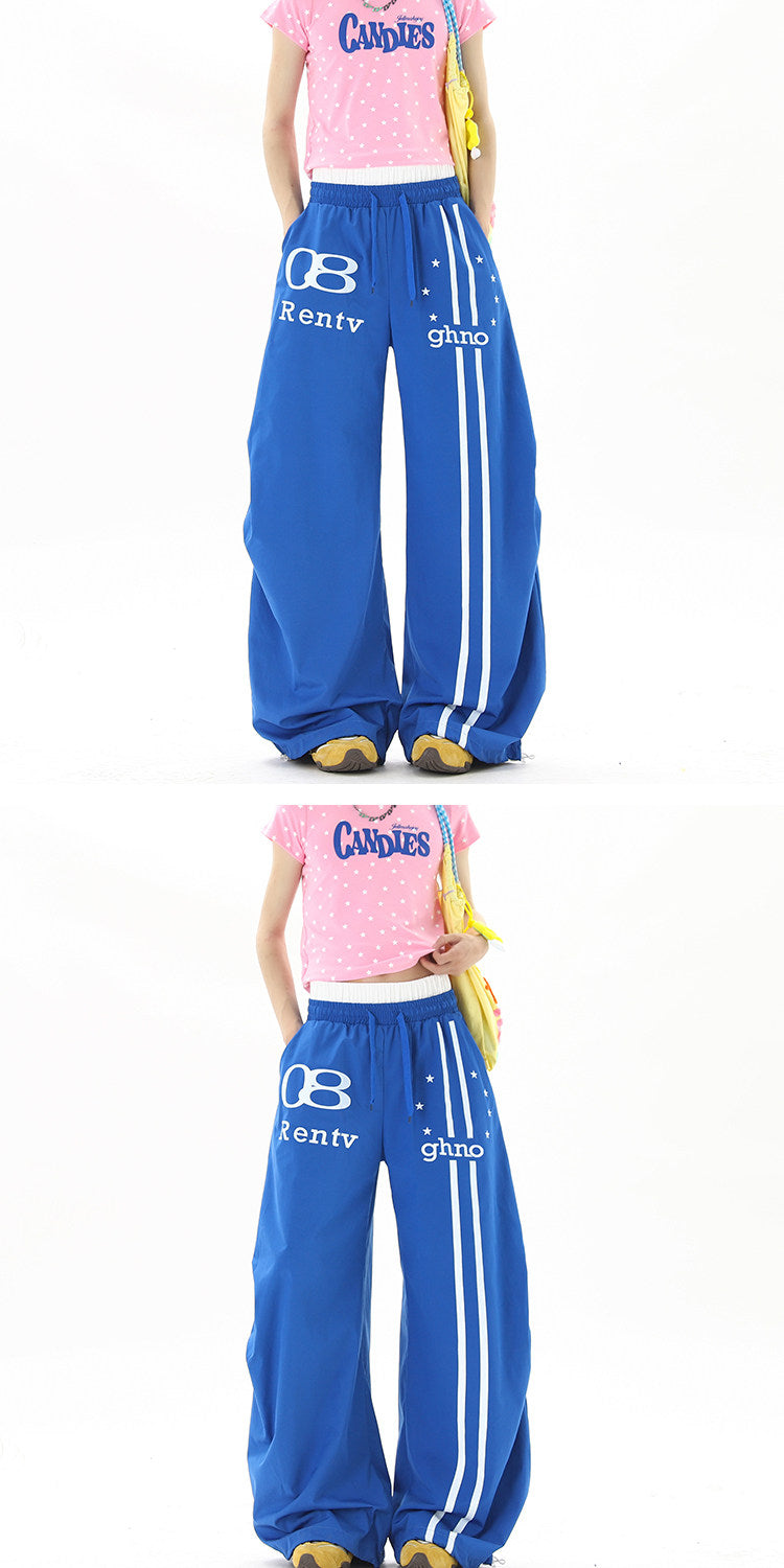 American street style blue double-waisted casual pants for men and women, summer hip-hop high street cool wide-leg sports pants