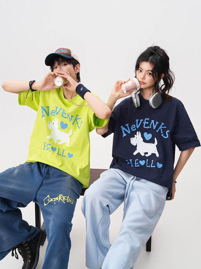 Summer New Fun Puppy Print Short-Sleeve Men's Oversized Loose T-Shirt with Youthful Style, Couple Short-Sleeve Top