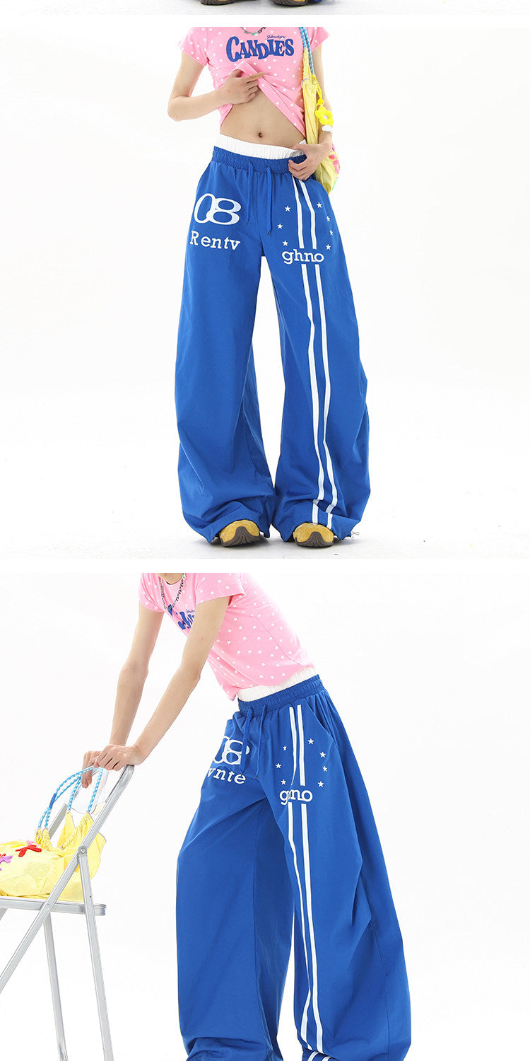 American street style blue double-waisted casual pants for men and women, summer hip-hop high street cool wide-leg sports pants