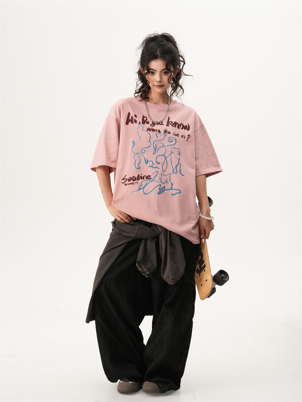 American-style hand-painted cat short-sleeved t-shirt, new summer design for men and women, versatile and fun couple top.