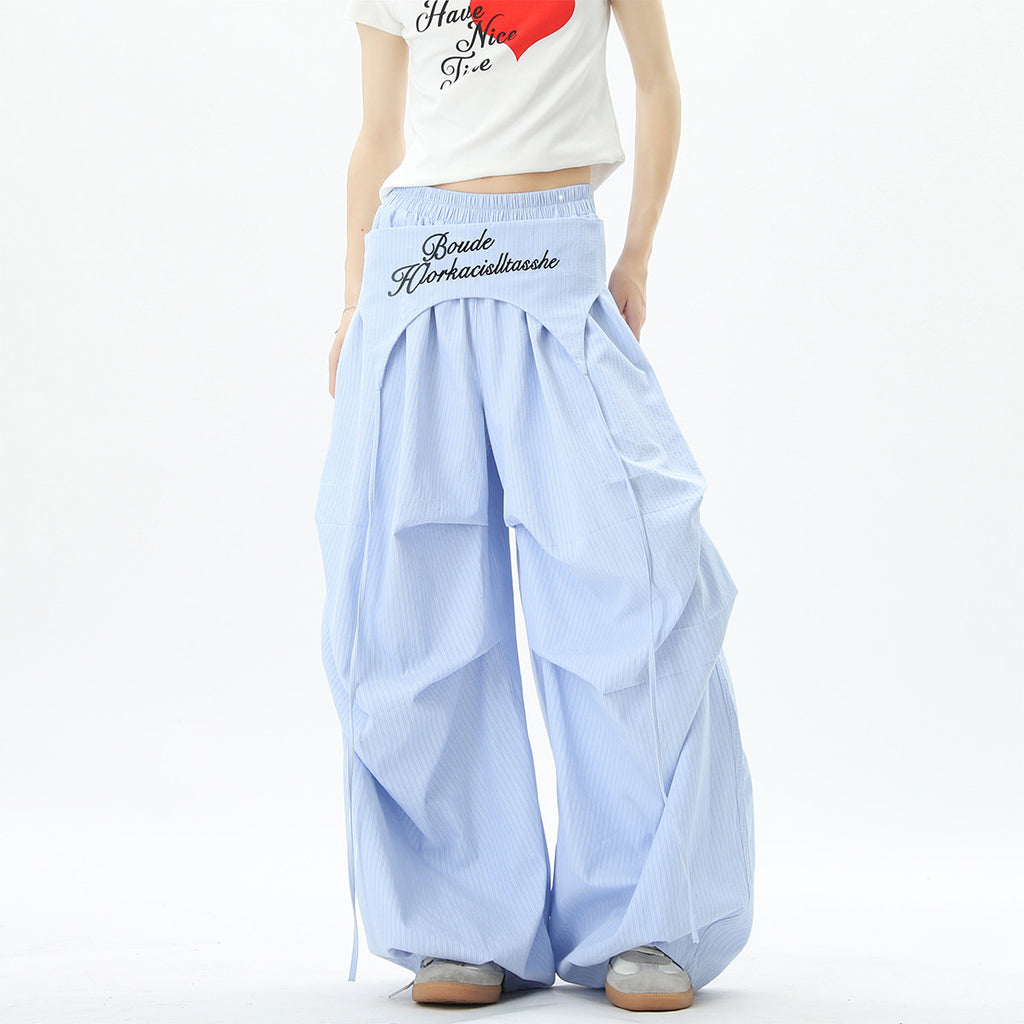 Stylish striped wide-leg trousers with lace-up details, unisex, perfect for summer hip-hop, street dance, and paratrousers. Loose, casual, floor-length trousers.
