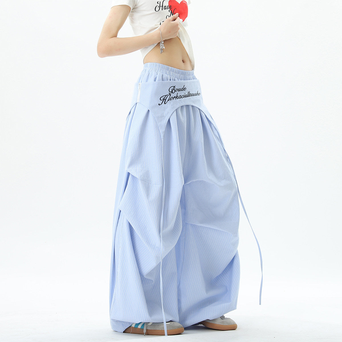 Stylish striped wide-leg trousers with lace-up details, unisex, perfect for summer hip-hop, street dance, and paratrousers. Loose, casual, floor-length trousers.