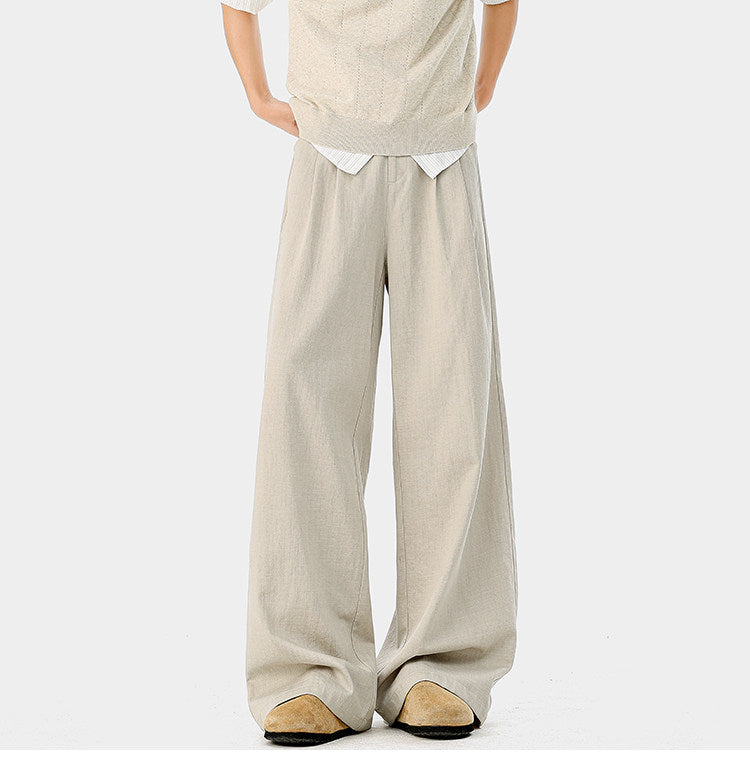 American-style bamboo-patterned pleated casual trousers for men, new summer style, loose fit, flowing drape, simple silhouette, wide-leg trousers.