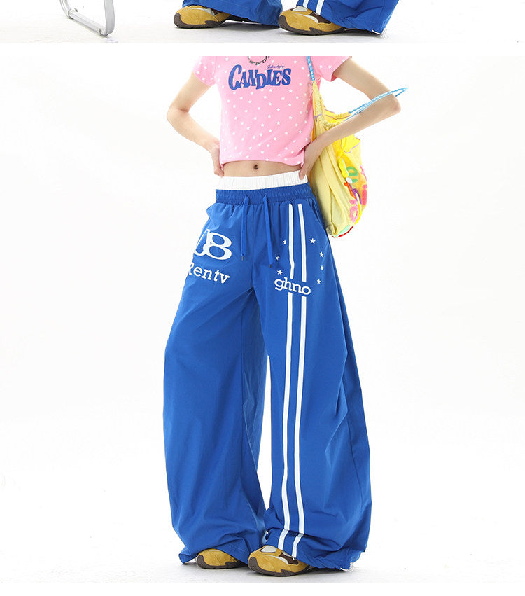 American street style blue double-waisted casual pants for men and women, summer hip-hop high street cool wide-leg sports pants