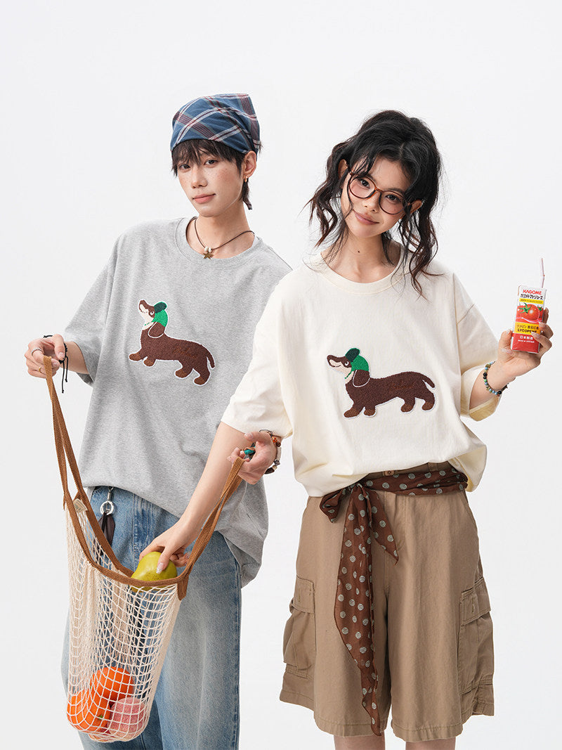 American-style dachshund patch embroidered round neck short-sleeved men's summer new preppy style loose T-shirt casual couple short-sleeved shirt