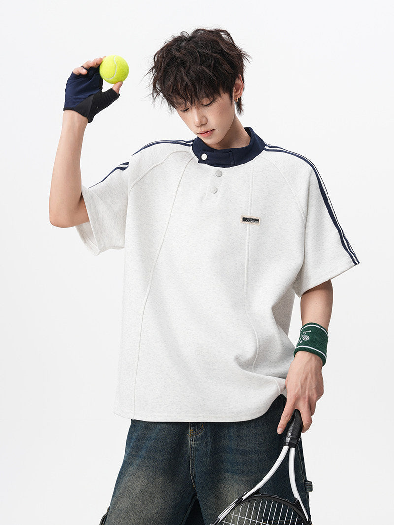 American retro three-stripe polo shirt, short-sleeved, unisex, summer preppy style, Henley collar T-shirt, youthful, three-quarter sleeve.