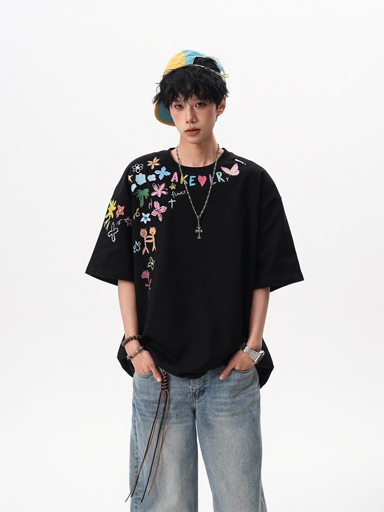 American-style hand-painted graffiti short-sleeved T-shirt for men and women, new summer 2025, trendy design, loose fit, couple T-shirt.