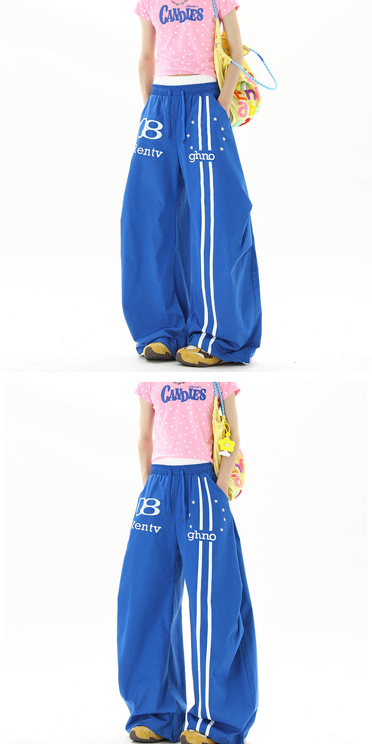 American street style blue double-waisted casual pants for men and women, summer hip-hop high street cool wide-leg sports pants