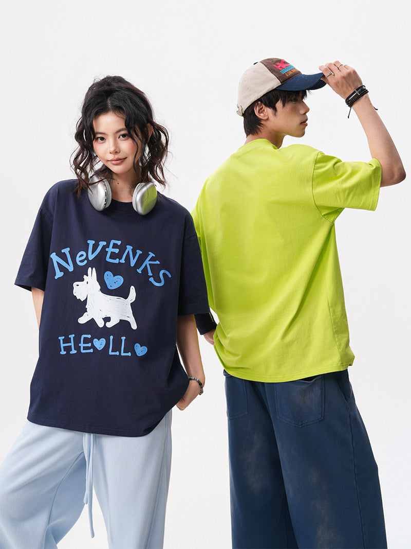 Summer New Fun Puppy Print Short-Sleeve Men's Oversized Loose T-Shirt with Youthful Style, Couple Short-Sleeve Top