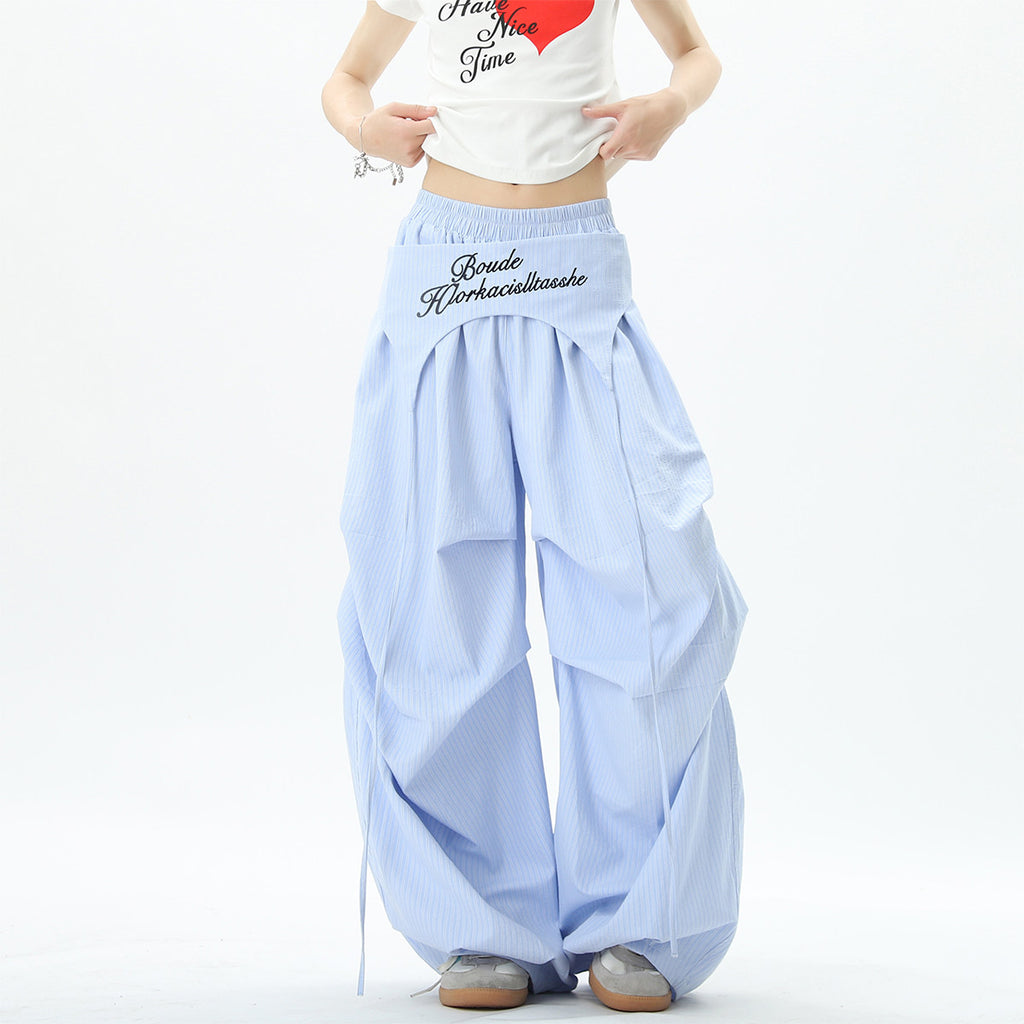 Stylish striped wide-leg trousers with lace-up details, unisex, perfect for summer hip-hop, street dance, and paratrousers. Loose, casual, floor-length trousers.