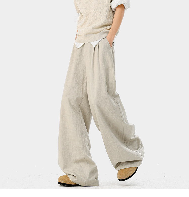 American-style bamboo-patterned pleated casual trousers for men, new summer style, loose fit, flowing drape, simple silhouette, wide-leg trousers.
