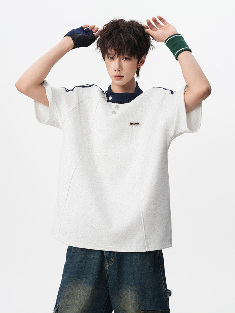 American retro three-stripe polo shirt, short-sleeved, unisex, summer preppy style, Henley collar T-shirt, youthful, three-quarter sleeve.