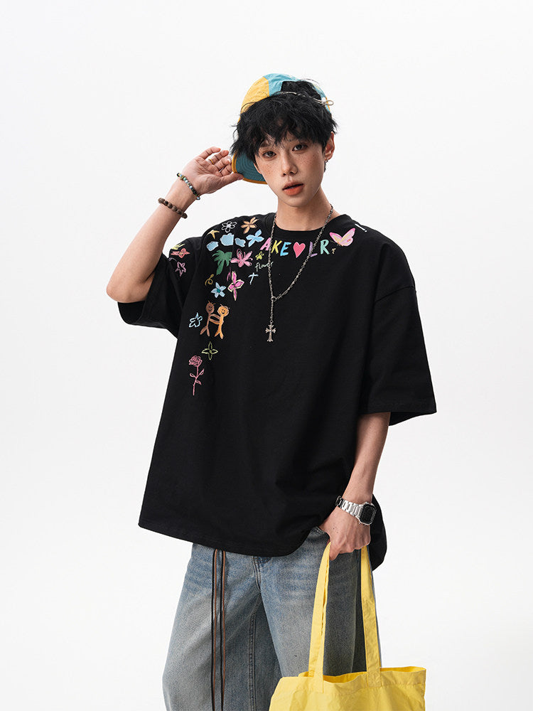 American-style hand-painted graffiti short-sleeved T-shirt for men and women, new summer 2025, trendy design, loose fit, couple T-shirt.