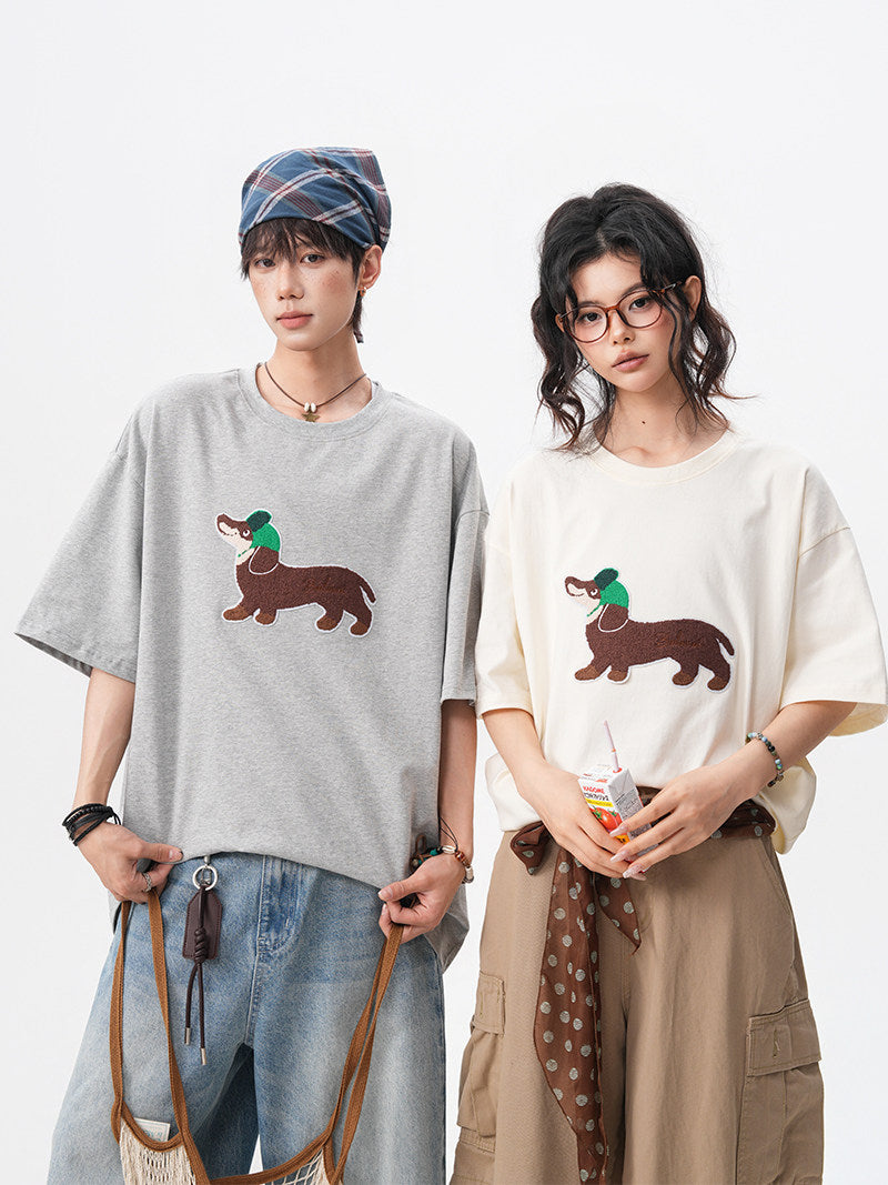 American-style dachshund patch embroidered round neck short-sleeved men's summer new preppy style loose T-shirt casual couple short-sleeved shirt
