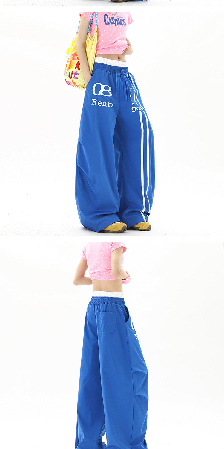 American street style blue double-waisted casual pants for men and women, summer hip-hop high street cool wide-leg sports pants