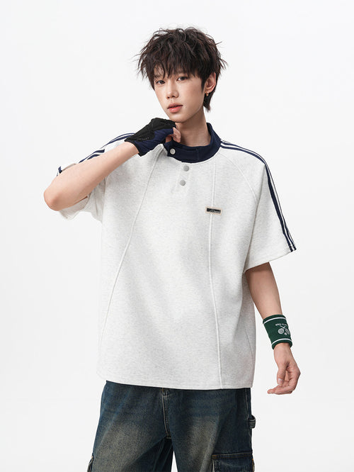 American retro three-stripe polo shirt, short-sleeved, unisex, summer preppy style, Henley collar T-shirt, youthful, three-quarter sleeve.
