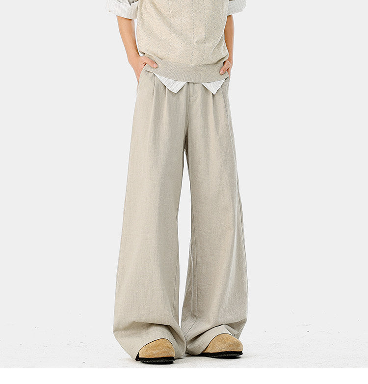 American-style bamboo-patterned pleated casual trousers for men, new summer style, loose fit, flowing drape, simple silhouette, wide-leg trousers.