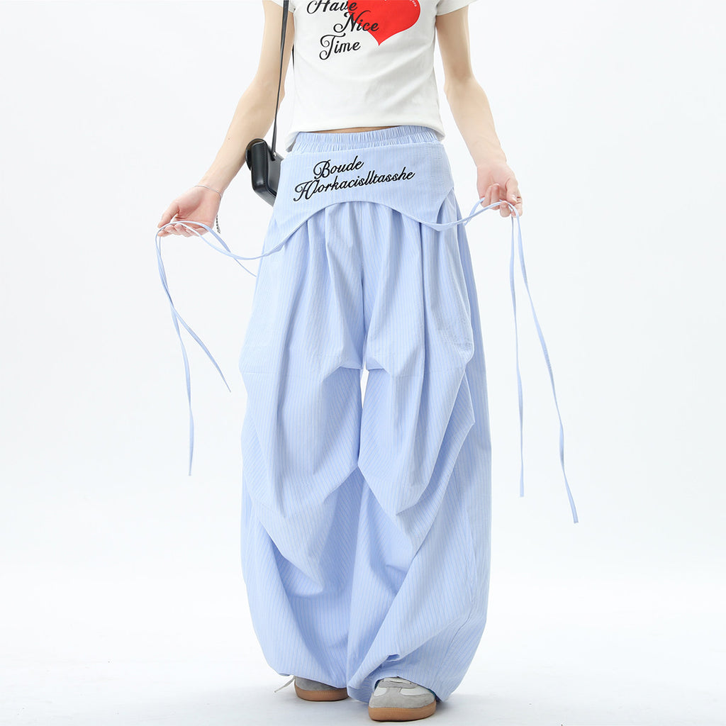 Stylish striped wide-leg trousers with lace-up details, unisex, perfect for summer hip-hop, street dance, and paratrousers. Loose, casual, floor-length trousers.