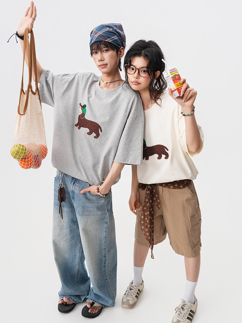 American-style dachshund patch embroidered round neck short-sleeved men's summer new preppy style loose T-shirt casual couple short-sleeved shirt