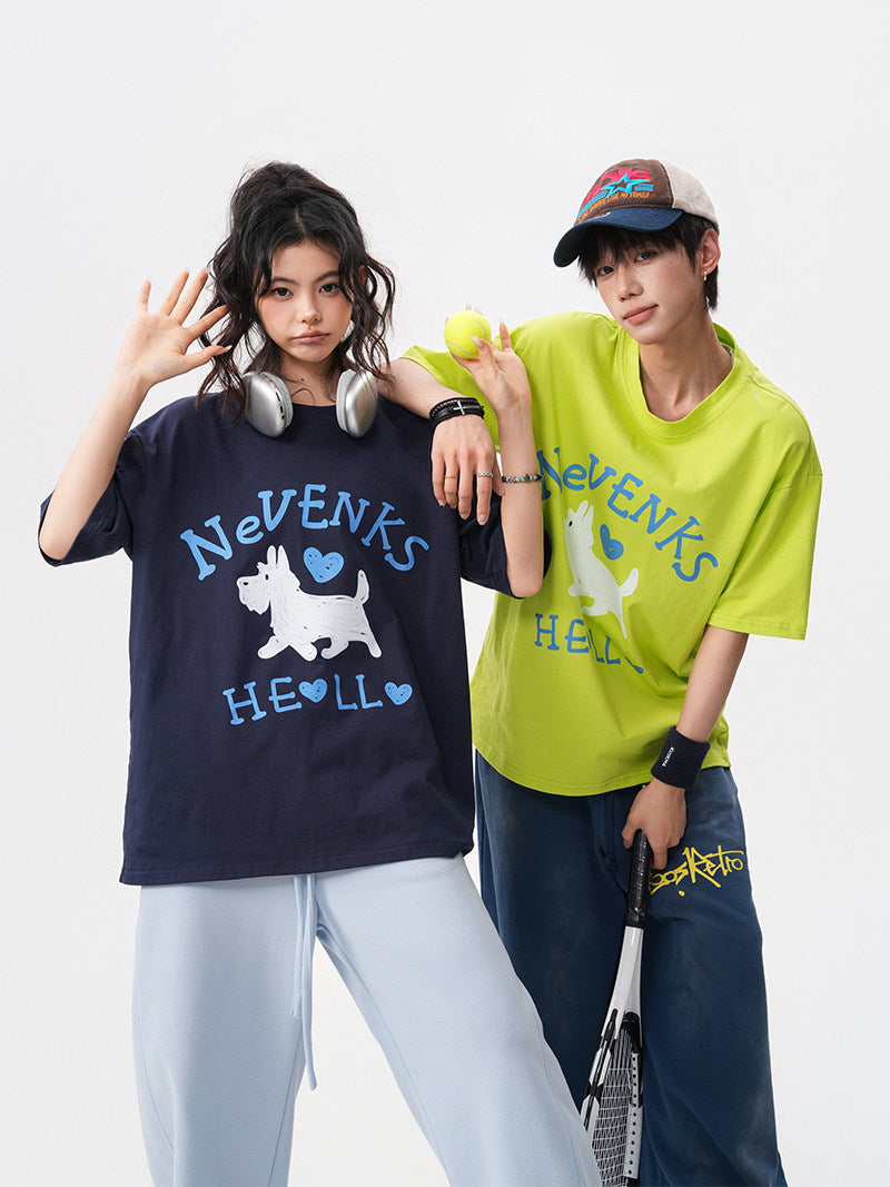 Summer New Fun Puppy Print Short-Sleeve Men's Oversized Loose T-Shirt with Youthful Style, Couple Short-Sleeve Top