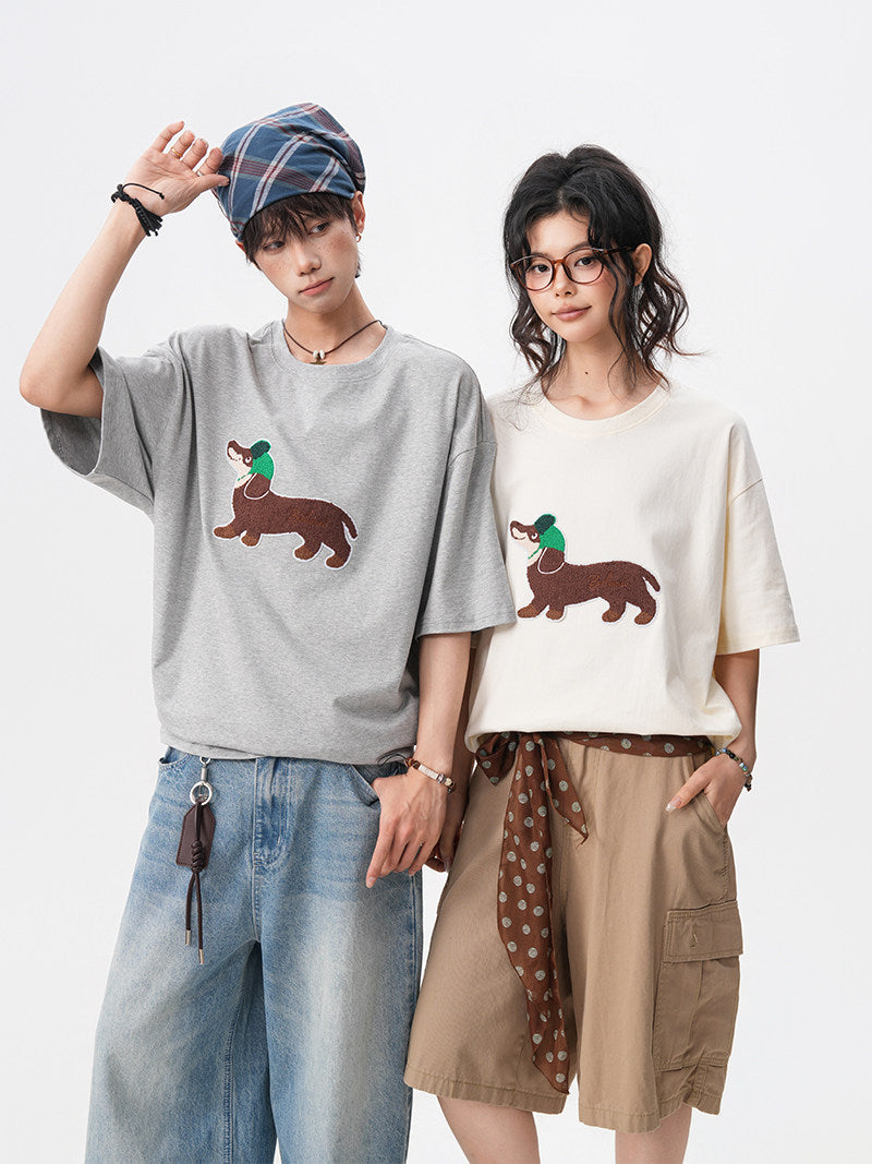 American-style dachshund patch embroidered round neck short-sleeved men's summer new preppy style loose T-shirt casual couple short-sleeved shirt