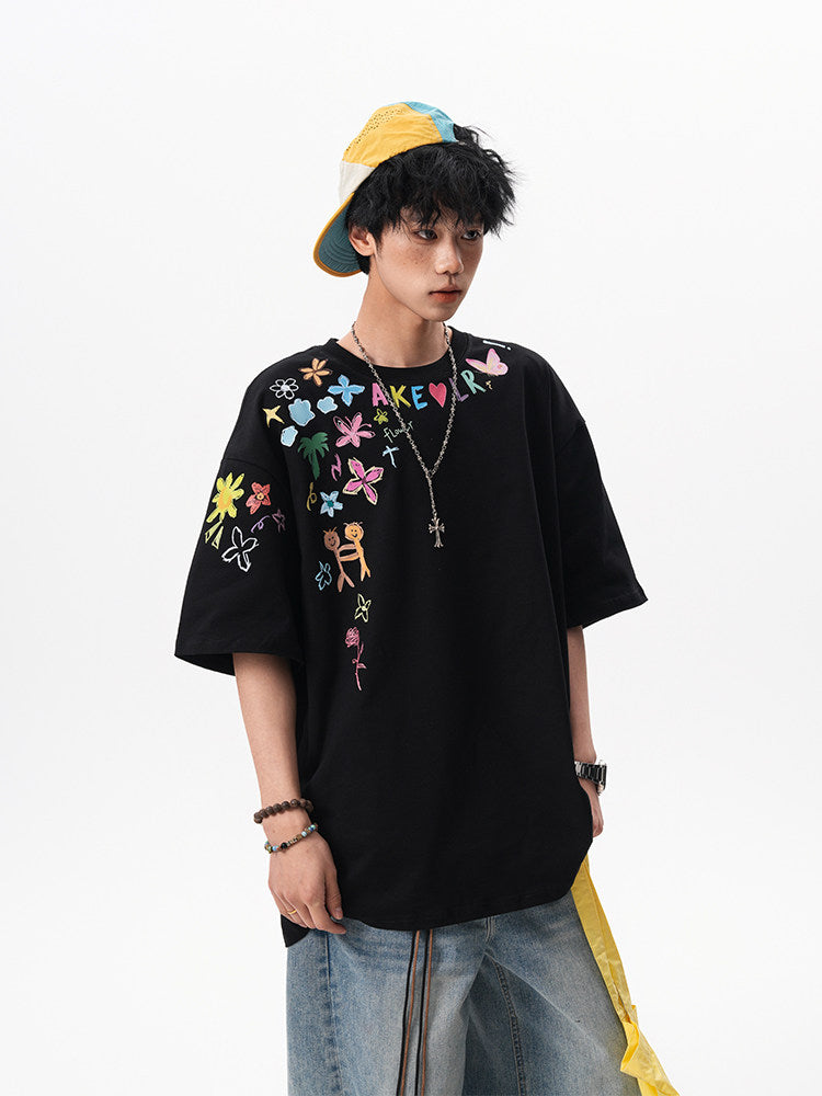 American-style hand-painted graffiti short-sleeved T-shirt for men and women, new summer 2025, trendy design, loose fit, couple T-shirt.