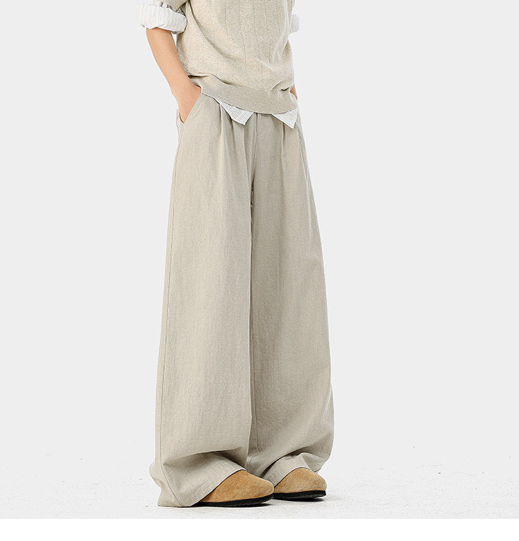 American-style bamboo-patterned pleated casual trousers for men, new summer style, loose fit, flowing drape, simple silhouette, wide-leg trousers.