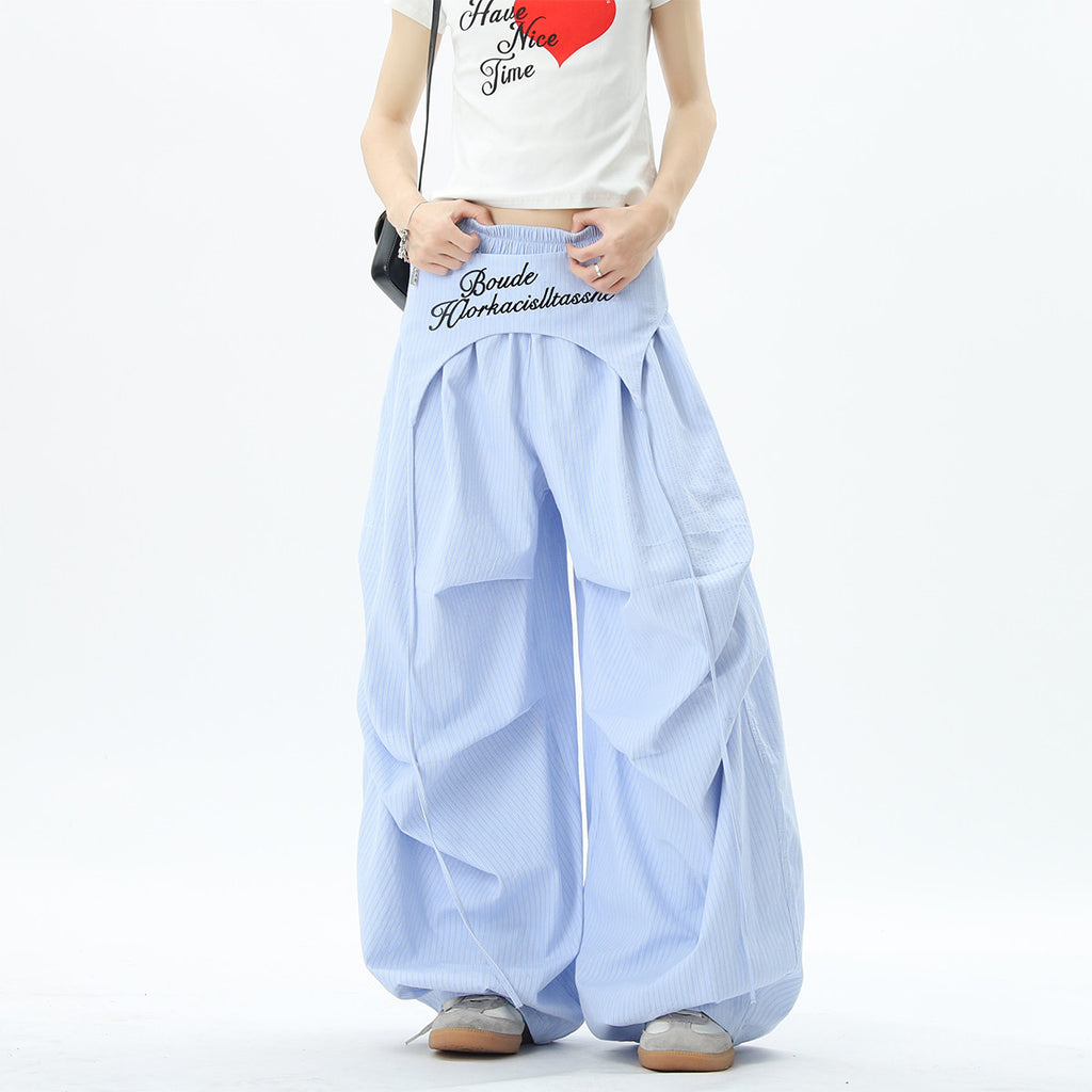Stylish striped wide-leg trousers with lace-up details, unisex, perfect for summer hip-hop, street dance, and paratrousers. Loose, casual, floor-length trousers.