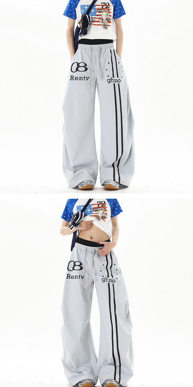 American street style blue double-waisted casual pants for men and women, summer hip-hop high street cool wide-leg sports pants