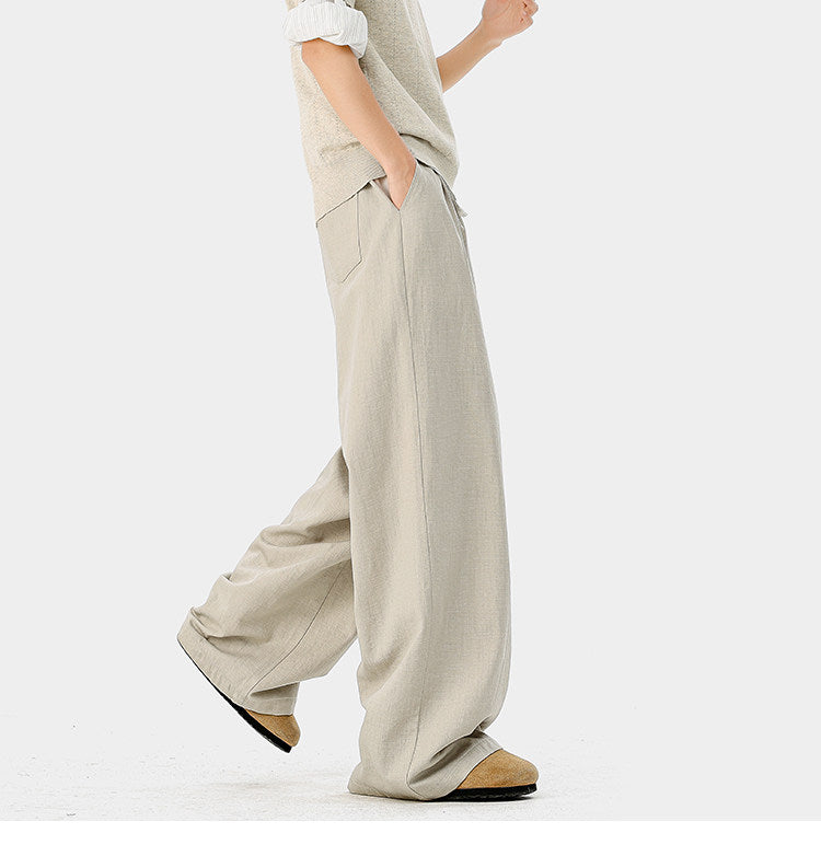 American-style bamboo-patterned pleated casual trousers for men, new summer style, loose fit, flowing drape, simple silhouette, wide-leg trousers.
