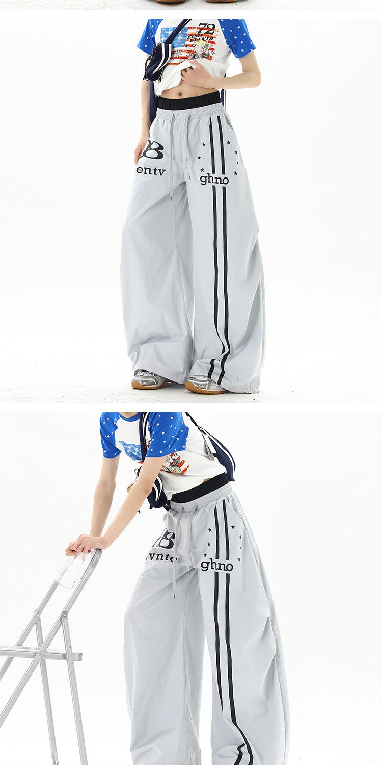 American street style blue double-waisted casual pants for men and women, summer hip-hop high street cool wide-leg sports pants