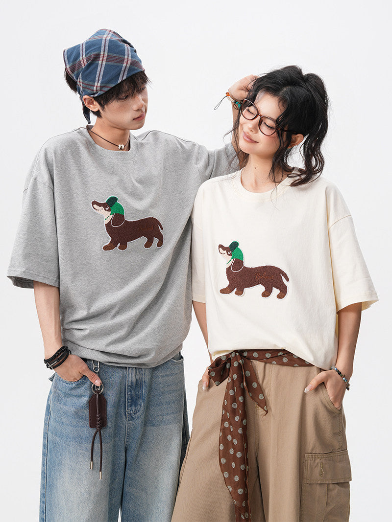 American-style dachshund patch embroidered round neck short-sleeved men's summer new preppy style loose T-shirt casual couple short-sleeved shirt