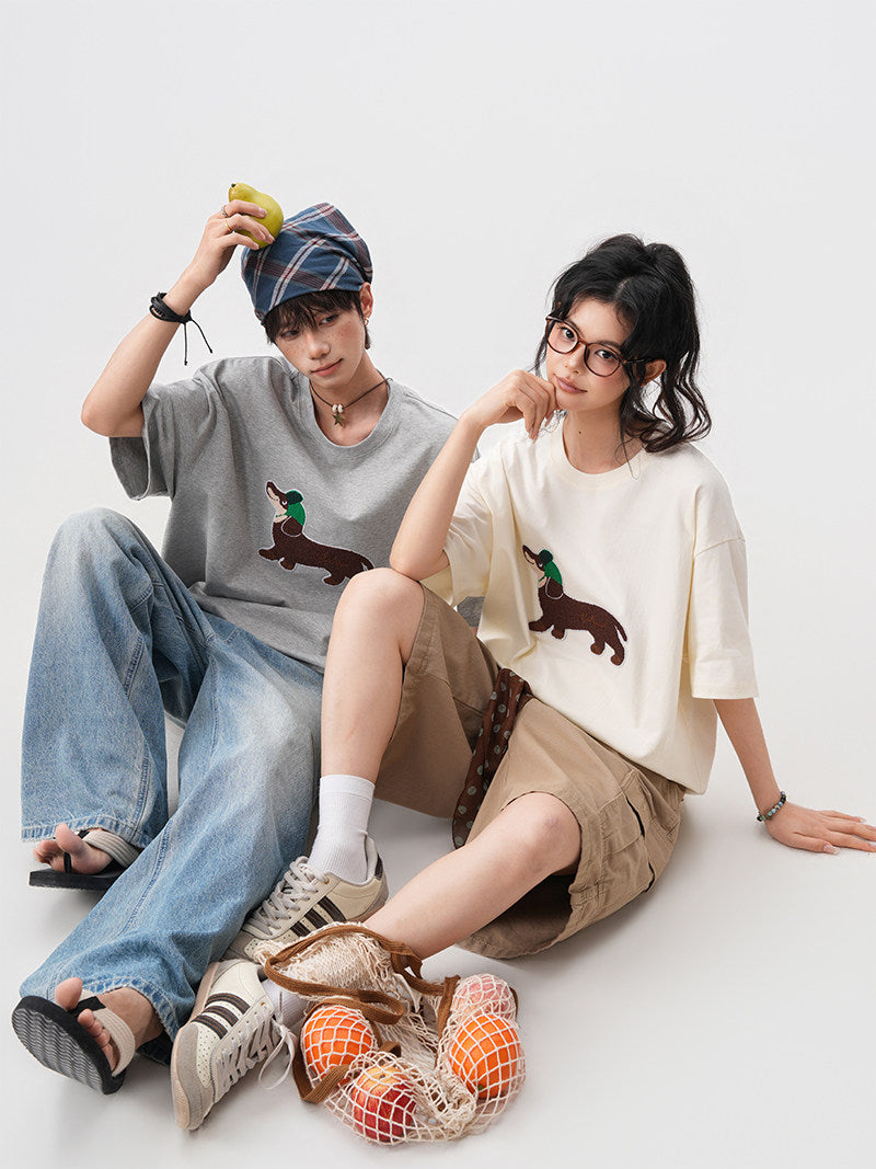 American-style dachshund patch embroidered round neck short-sleeved men's summer new preppy style loose T-shirt casual couple short-sleeved shirt