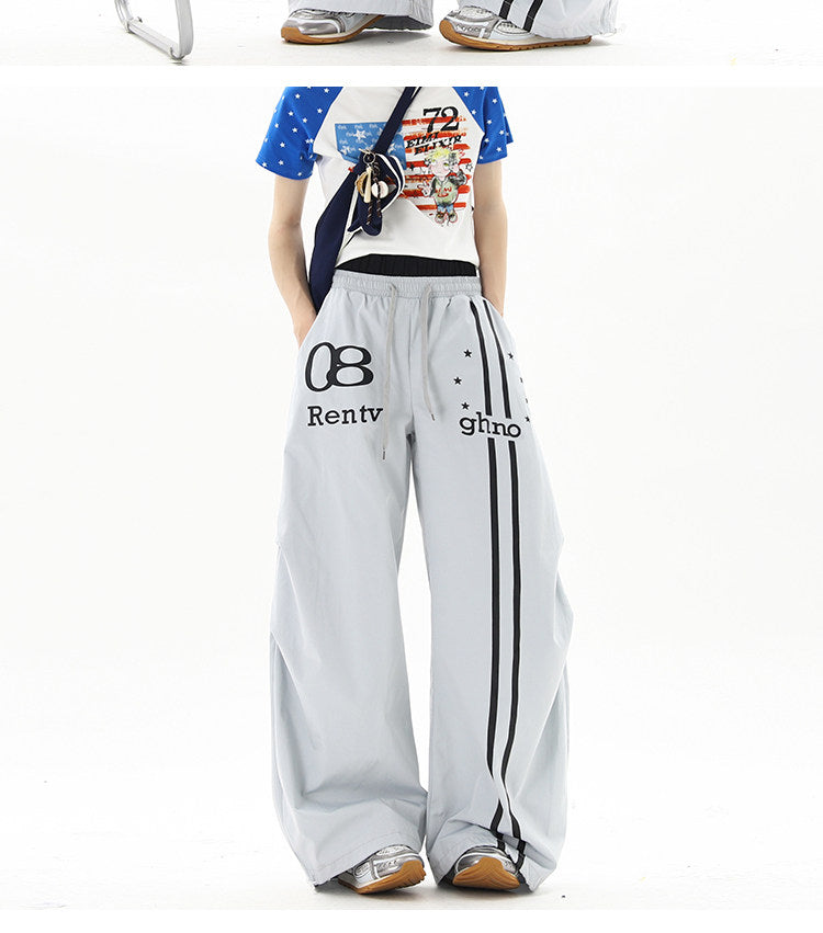 American street style blue double-waisted casual pants for men and women, summer hip-hop high street cool wide-leg sports pants