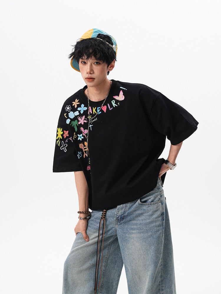 American-style hand-painted graffiti short-sleeved T-shirt for men and women, new summer 2025, trendy design, loose fit, couple T-shirt.