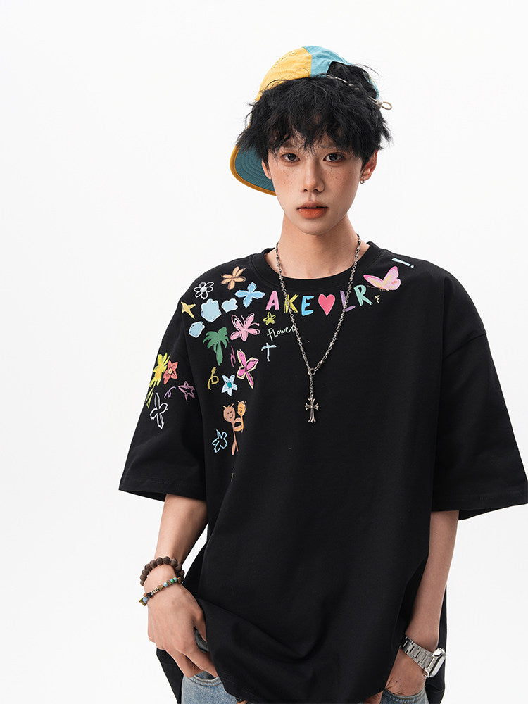 American-style hand-painted graffiti short-sleeved T-shirt for men and women, new summer 2025, trendy design, loose fit, couple T-shirt.