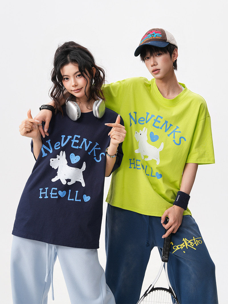 Summer New Fun Puppy Print Short-Sleeve Men's Oversized Loose T-Shirt with Youthful Style, Couple Short-Sleeve Top