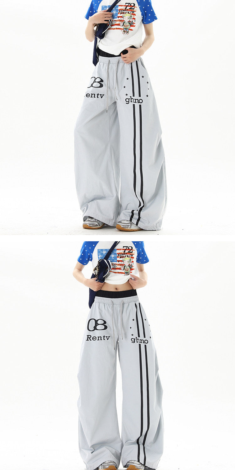 American street style blue double-waisted casual pants for men and women, summer hip-hop high street cool wide-leg sports pants