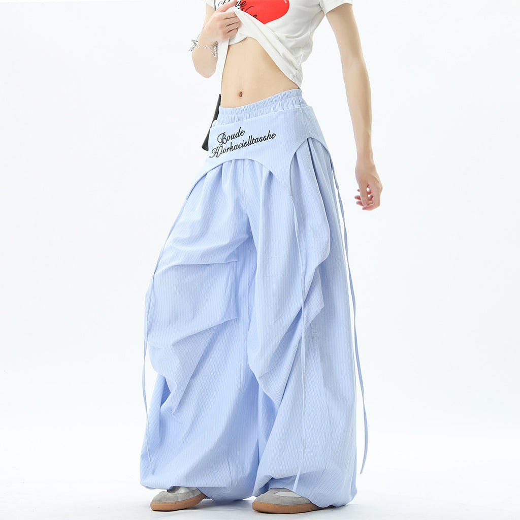 Stylish striped wide-leg trousers with lace-up details, unisex, perfect for summer hip-hop, street dance, and paratrousers. Loose, casual, floor-length trousers.