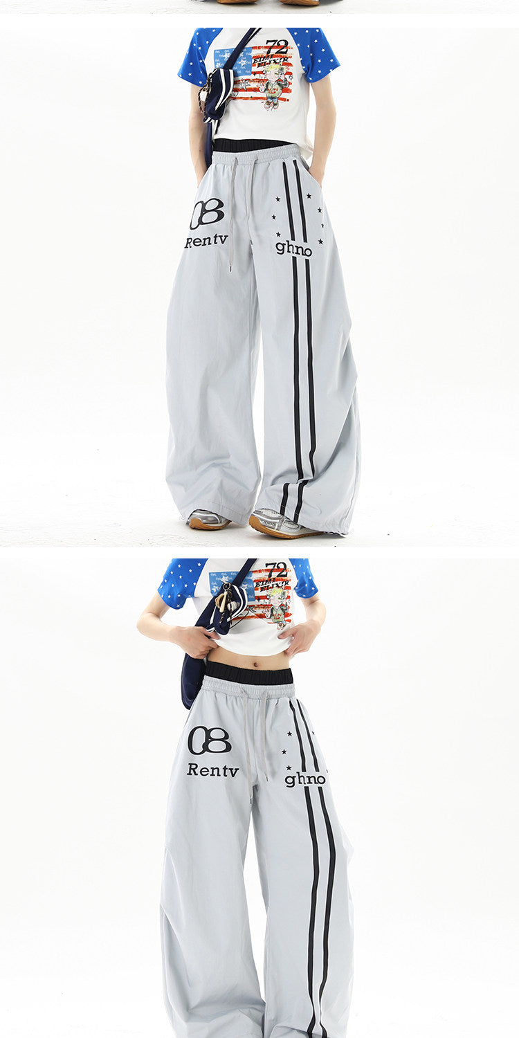 American street style blue double-waisted casual pants for men and women, summer hip-hop high street cool wide-leg sports pants