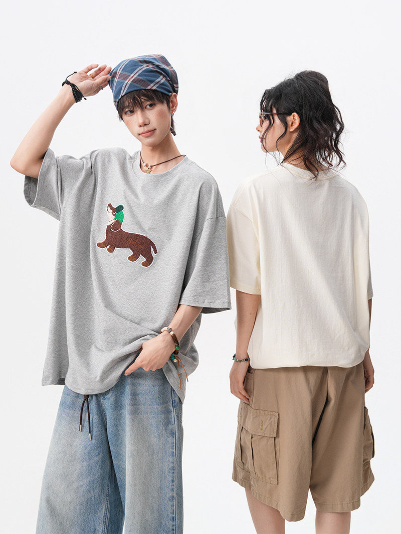 American-style dachshund patch embroidered round neck short-sleeved men's summer new preppy style loose T-shirt casual couple short-sleeved shirt
